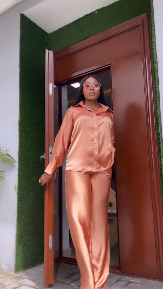 Women 2 Piece Satin Loungewear Outfits Long Sleeve Button