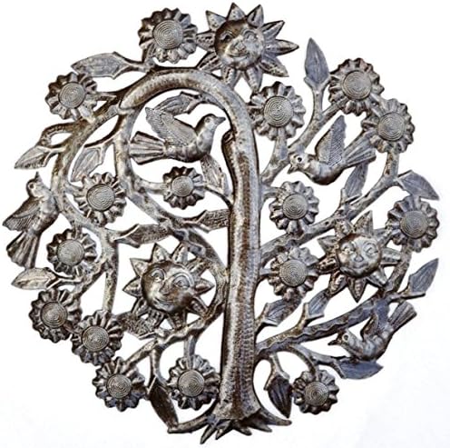 It's Cactus Small Tree of Life Wall Art, Haitian Metal Hanging Artwork, Handmade from Recycled Barrels 15"x15" (Tree of Life with Birds)