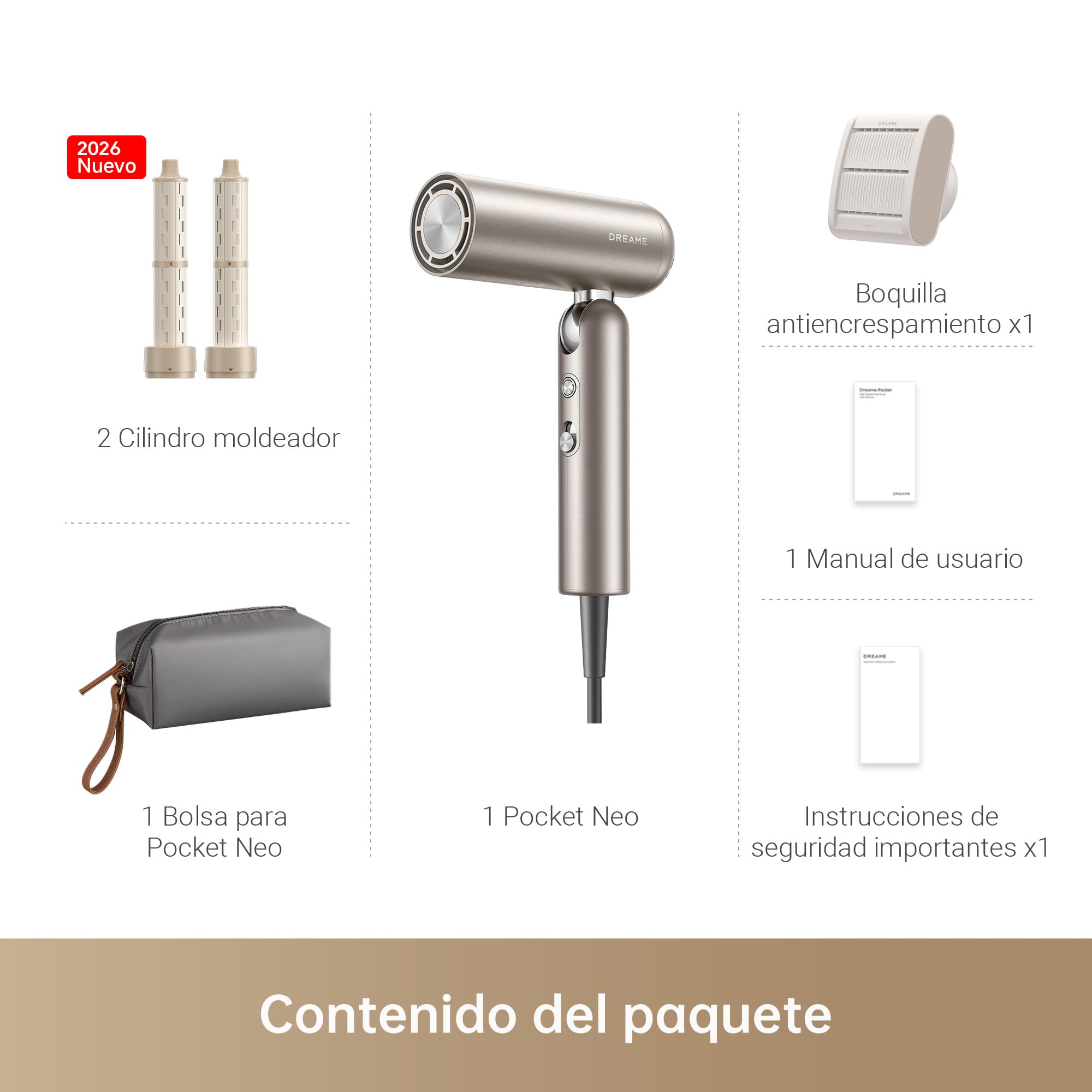 DREAME Pocket Neo, Secador de Pelo de Alta Velocidad, Plegable en 3, Peso Ligero de 300 g, Motor de 110.000 RPM, 300 Millones de Iones Negativos/cm3, 57°C, Secado 40s, 2026 Nueva Versión