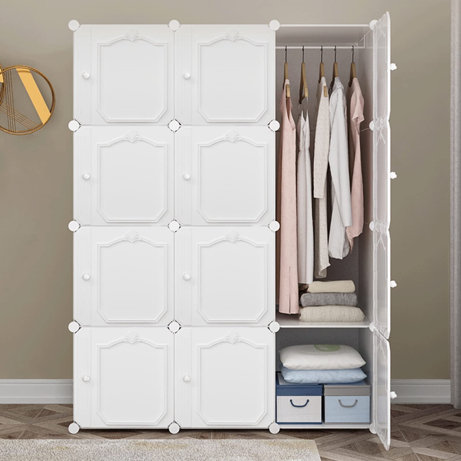 Kleiderschrank, Stoffschrank Kleiderschrank tragbarer Kleiderschrank Modularer Schrank Faltbarer Kleiderschrank mit Tür- und Kleiderschienen weiß Ideale Aufbewahrung Organizer