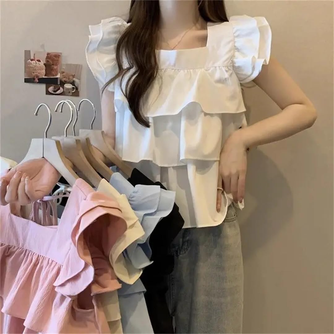 Camisas de verano para mujer, a la moda, con volantes, cuello cuadrado, con cordón, sin mangas, de gasa