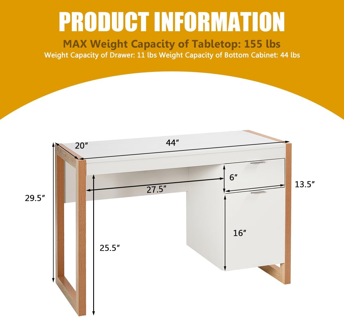 Diagram showing the dimensions of the Tangkula Wooden Home Office Desk: 44 inches long, 20 inches wide, and 29.5 inches high.