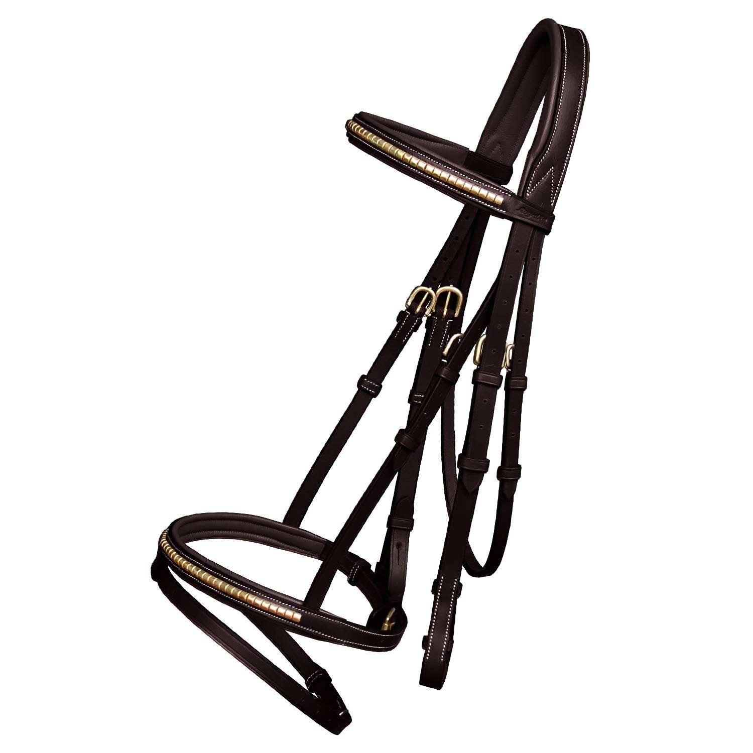 Exion English Jumping Bridle with Flash โ Anatomical Padded Headpiece & Brass Clincher Studded Browband & Noseband โ Premium Leather Horse Bridle with Contrast Stitching & Rubber Reins โ Pony to Full