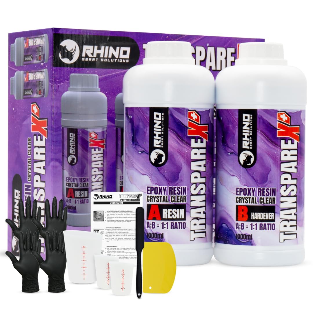 Zestaw żywicy epoksydowej przezroczysty RHINO Smart Solutions TRANSPAREX+ 2000ml do rękodzieła - 1000 ml przezroczystej płynnej żywicy + 1000 ml utwardzacz (1:1) do majsterkowania, sztuki,