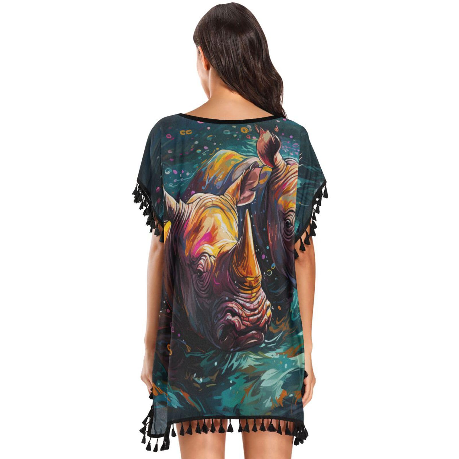 KAAVIYO Watercolor Dark Rhinoceroses Women's Beach Cover Up Chiffon Tassel Swimwear Swimsuit Coverups for Girl