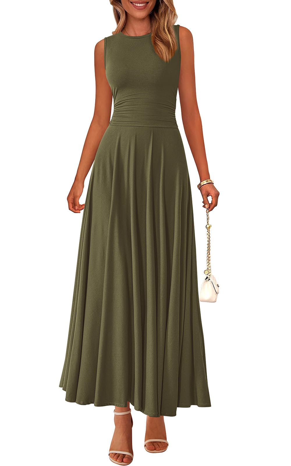 PRETTYGARDEN Womens Sleeveless Summer Dresses 2026 Flowy Aline Maxi Dress | Crewneck High Waisted Casual Sundresses, Plain Rib Knit, Stretch Tank Top Wedding Guest Dress, Vacation Long Fashion Clothing