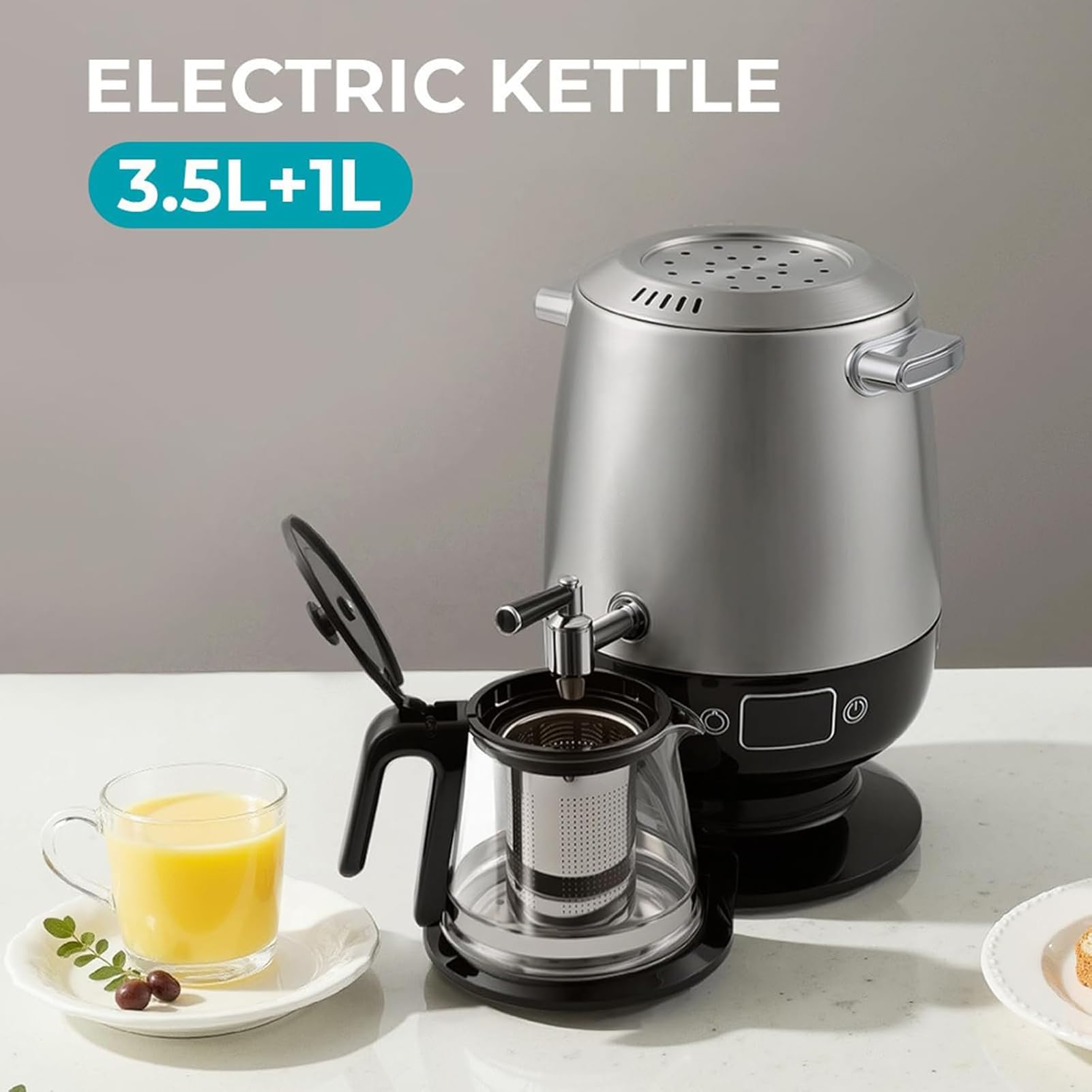 Elektryczny Ekspres Do Herbaty Tureckiej O Pojemności 4.5 L | Samowar Elektryczny, Czajniczek Ze Stali Nierdzewnej 3.5 L I Czajniczek Ceramiczny 1 L, Automatyczne Wyłączanie(A)