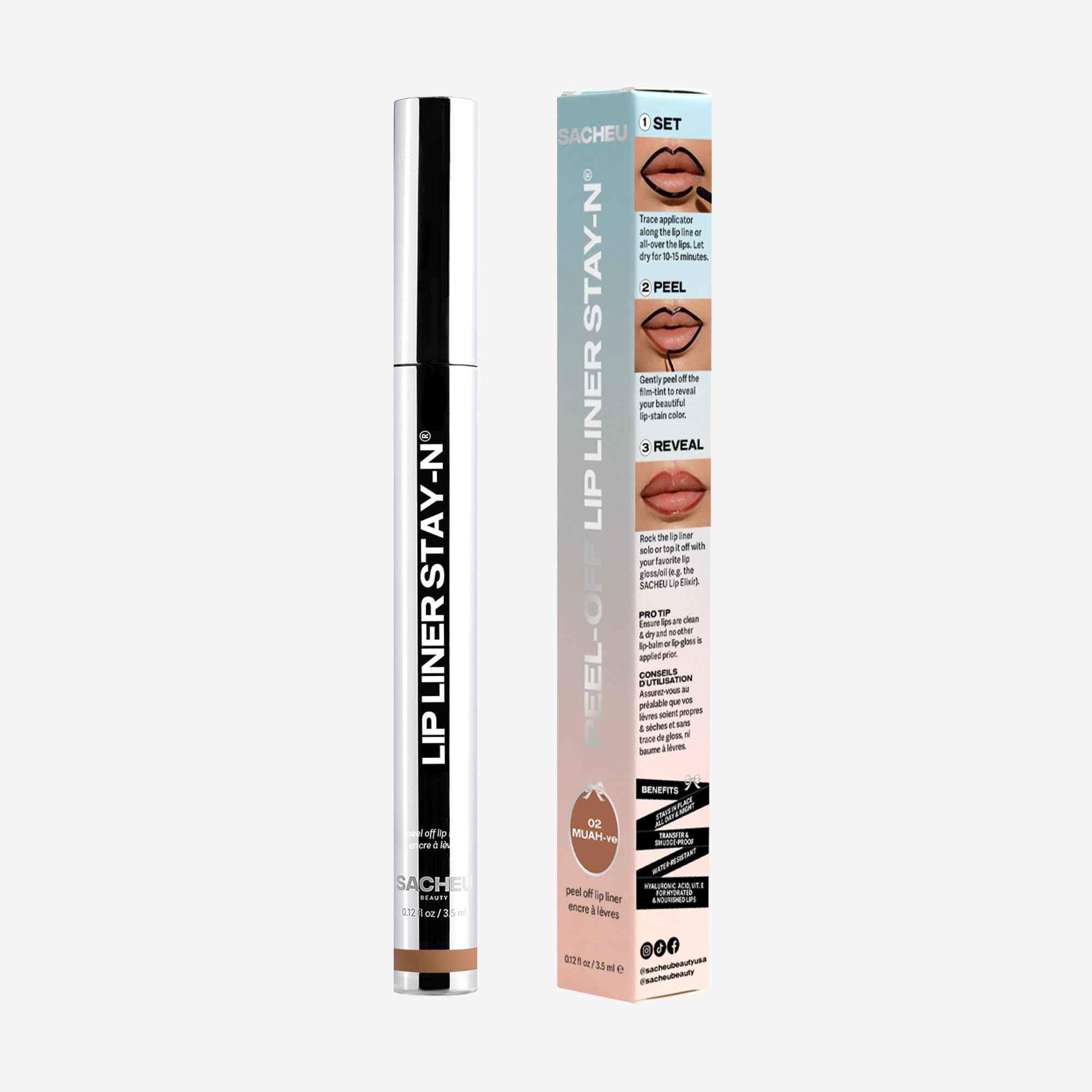 Sacheu Lip Liner STAY-N Peel Off Lip Stain — Long Lasting Waterproof Lip Tint with Hyaluronic Acid & Vitamin E — Transfer Proof Matte Finish, Vegan & Cruelty-Free (p-INKED): MUAH-VE 0.12 Fl Oz (Pack of 1)