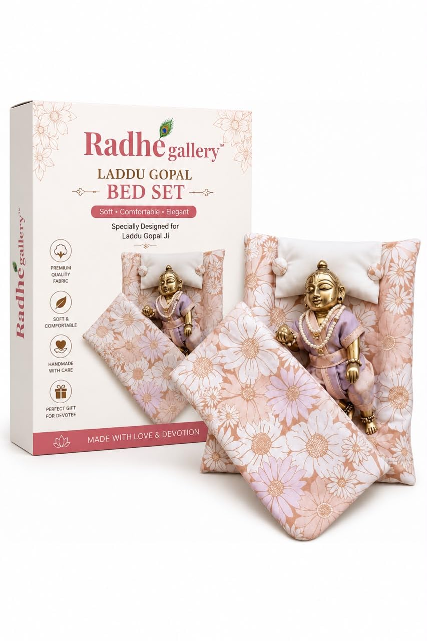 Laddu Gopal Bed Set | Printed Cotton Bister Set for Bal Gopal | Soft Bedding Mattress Pillow Quilt for Krishna Idol | Designer Summer Bed for Laddu Gopal (Pink)-image-39