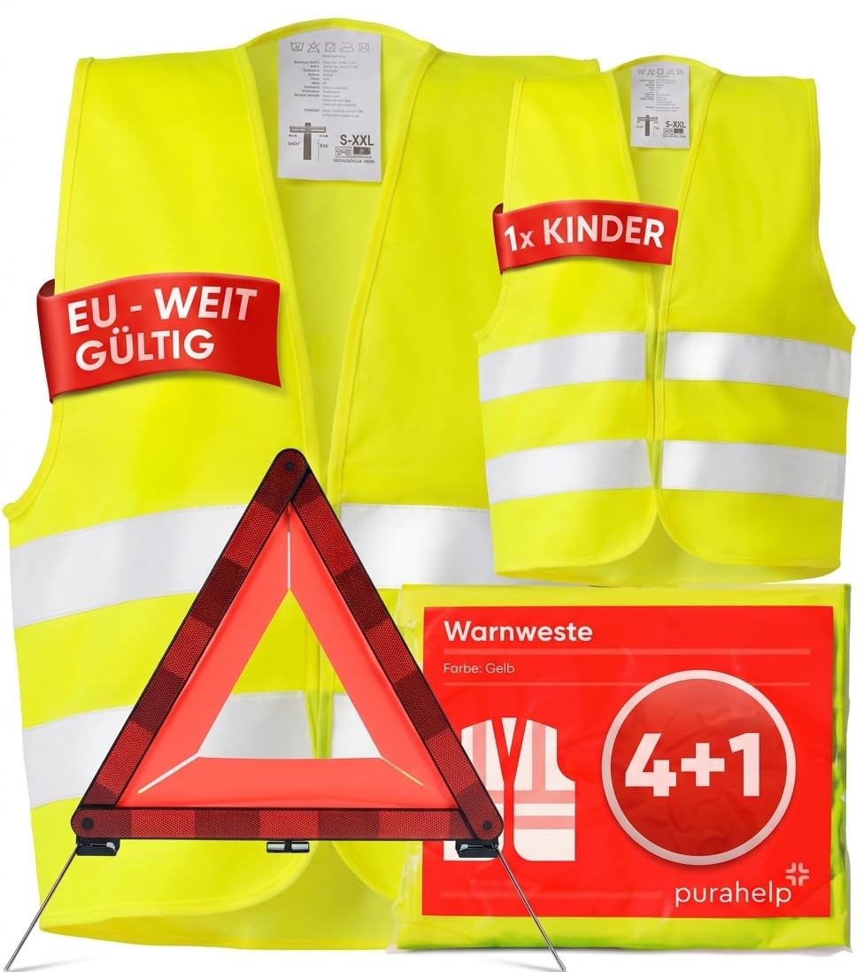 PURAHELP® Warnwesten Auto 5er 4+1 Set + Warndreieck - Europaweit gültig nach EN ISO 20471 - Reflektierende Warnweste