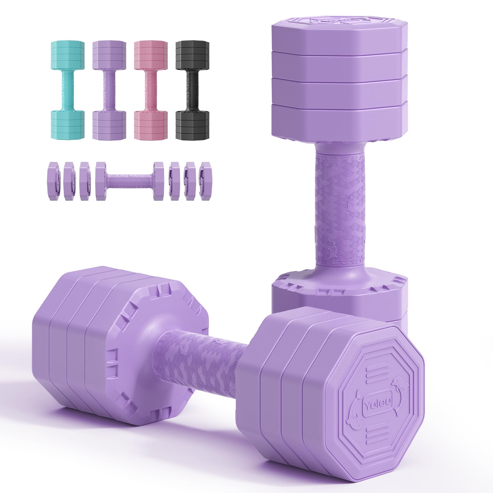 Yoleo Adjustable Dumbbell Set of 2, 4 in 1 Free Weights Dumbbells Set for Home Gym, 2KG 3KG 4KG 5KG Dumbbell Pair with TPU Soft Rubber Handle for Full Body Exercise Training (Purple)
