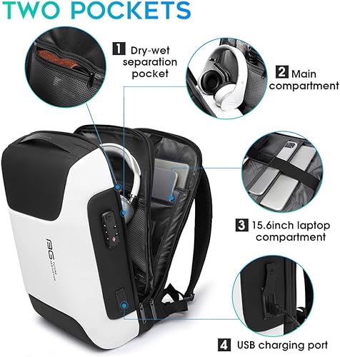 Miniatura 2 de BANGE Mochila antirrobo con puerto de carga USB, mochila de negocios ligera para hombres y mujeres.., Blanco (dos bolsillos para el trabajo),