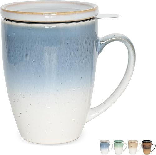 Bosmarlin Taza de té de cerámica con infusor y tapa, 13.5 onzas, 5 colores a elegir, apta para microondas y lavavajillas, taza de té con colador,