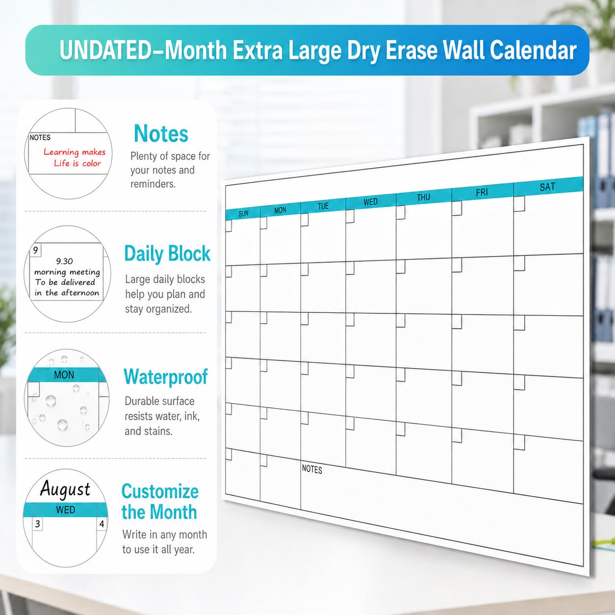 Calendario da parete cancellabile a secco, 96,5 x 147,3 cm, calendario giornaliero senza data, riutilizzabile, laminato per 30 giorni, per ufficio, classe, casa (senza pieghe)