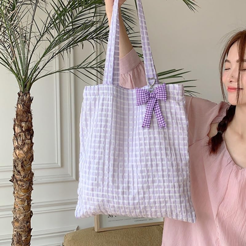 Image of Pink Bow Keychain Bag Charms Y2K Bowknot Plaid Keychains Coquette Aesthetic Purse Handbag Backpacks Charms (Purple)