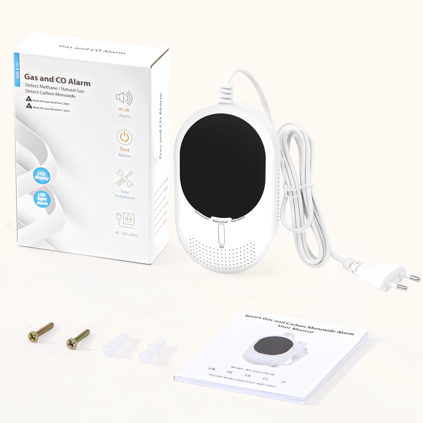 PHYSEN WiFi Detector de Gas y Monóxido de Carbono con Pantalla LED, Certificado EN 50291 y EN 50194, Compatible con Alexa/Google Home App, Detector de Metano y CO para Cocina Cuarto de Caldera, Garaje
