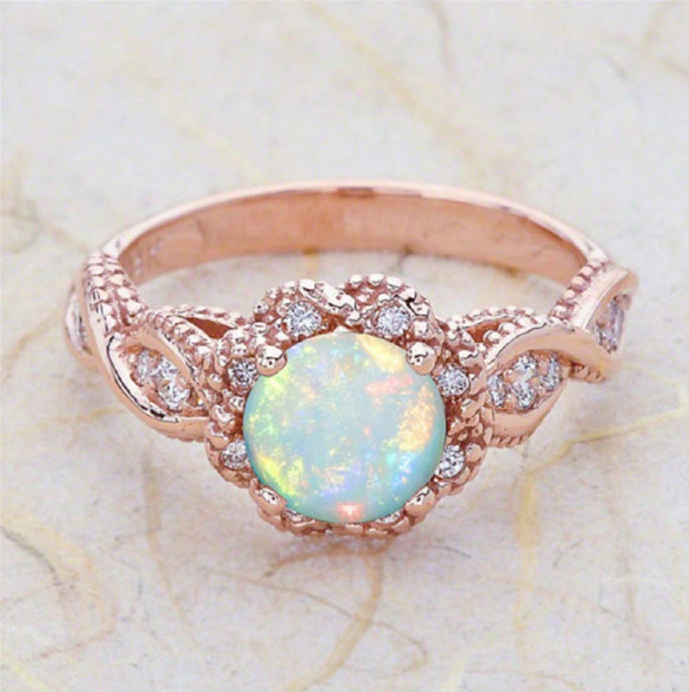 Lzz Rose Gold Flower Ring White Fire Opal Ring Fashion Lady Round Cut Crystal Rhinestone Opal Wedding Ring Size 6-10?US Code 10?