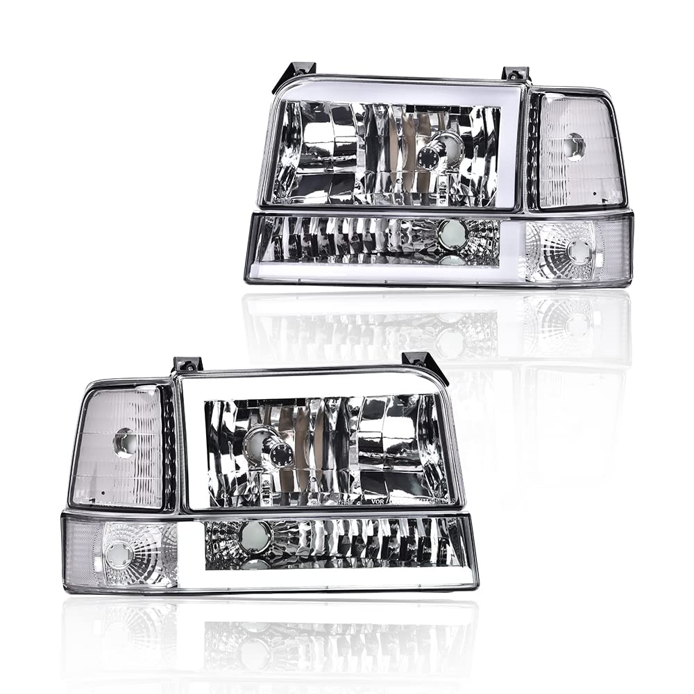 CNNELL LED DRL Headlights Compatible with 1992-1996 Ford Bronco/F150 Pickup, 1992-1997 F250/F350/FSuper Duty w/Corner Signal Bumper Lamps Clear lens