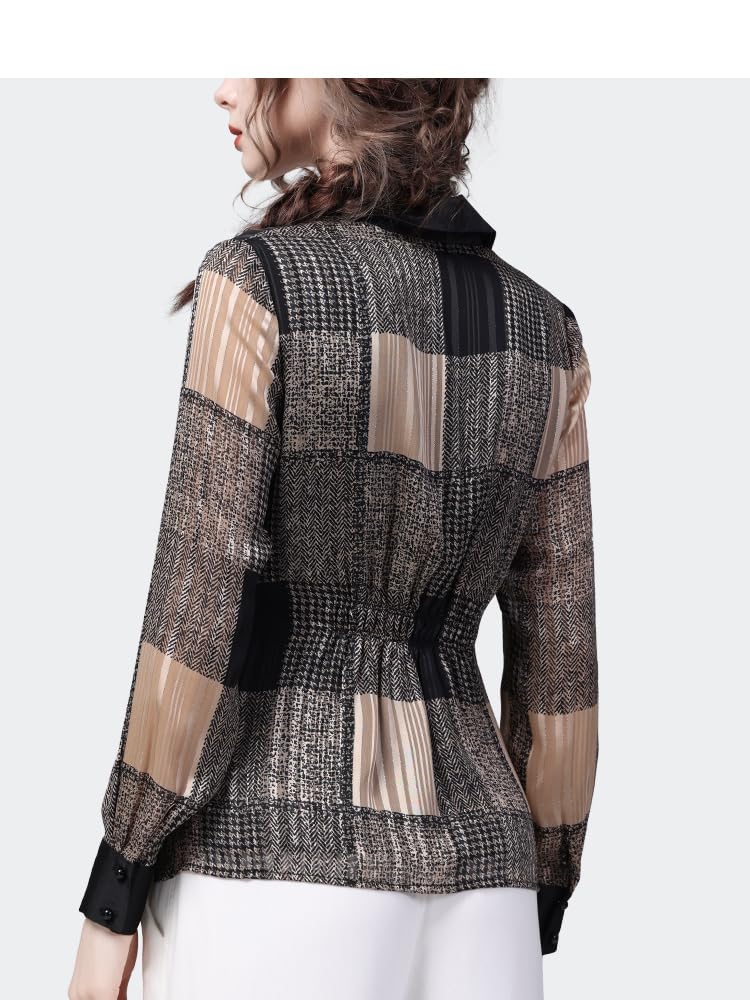 Camisa a Cuadros Informal de Manga Larga con Cuello Vuelto para Mujer, Tops de Gasa con diseño Cruzado Ajustado para Primavera y Verano (Manga Corta XS)