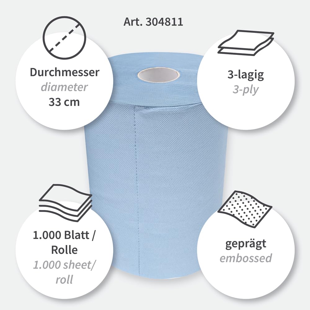 Franz Mensch HygoClean Putzpapiere, 3‑lagig, blau | Recyclingpapier, 2 Rollen, 1000 Abrisse, 35 × 22 cm, Außenabwicklung, Kerndurchmesser 7 cm, Putzrolle für Werkstatt und Industrie