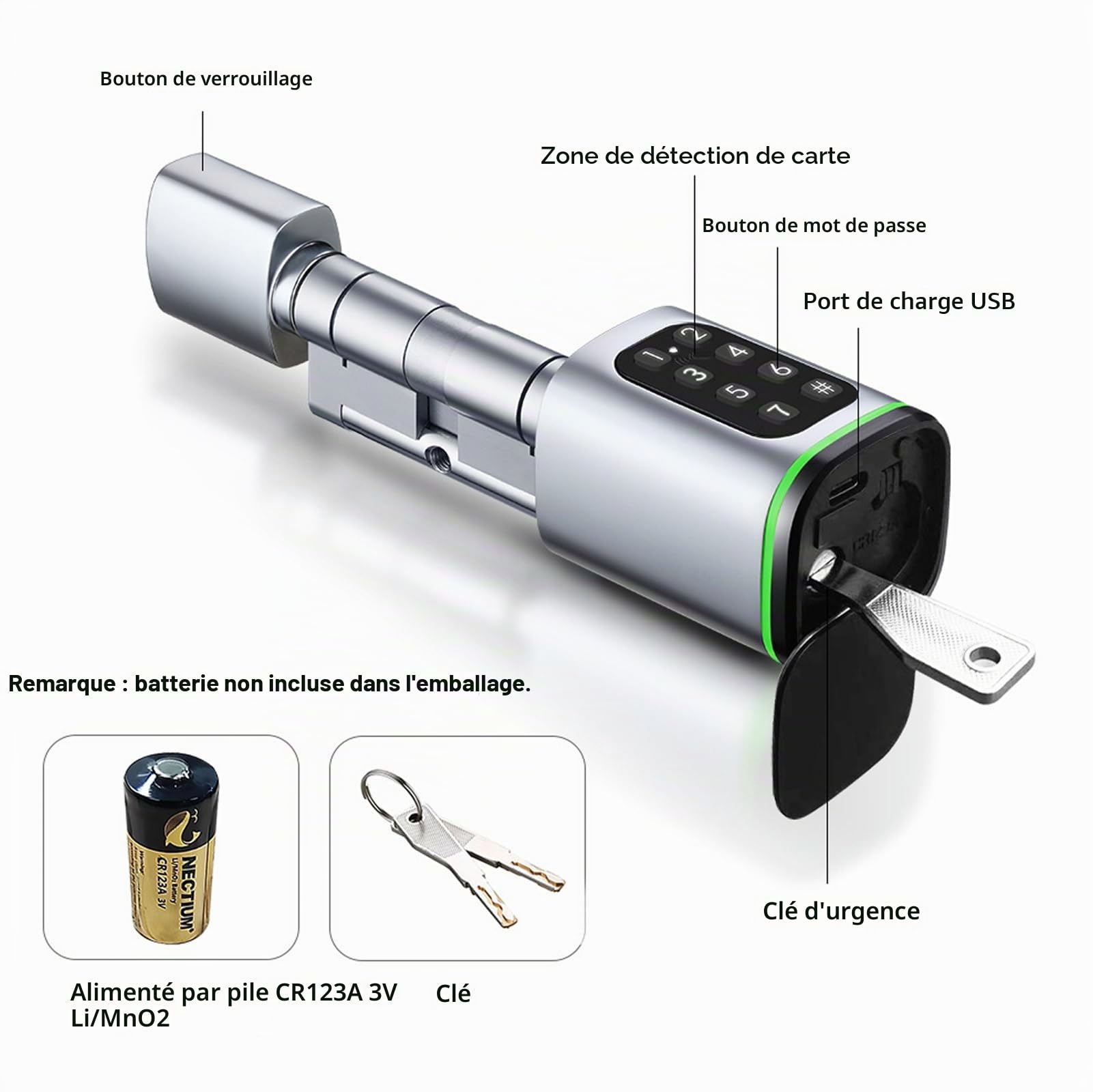 Serrure de porte à code, serrure intelligente connectée à l'application, serrure de porte d'entrée avec clés manuelles, serrure électronique pour porte de 1,4 à 1,8 pouces d'épaisseur et trou de