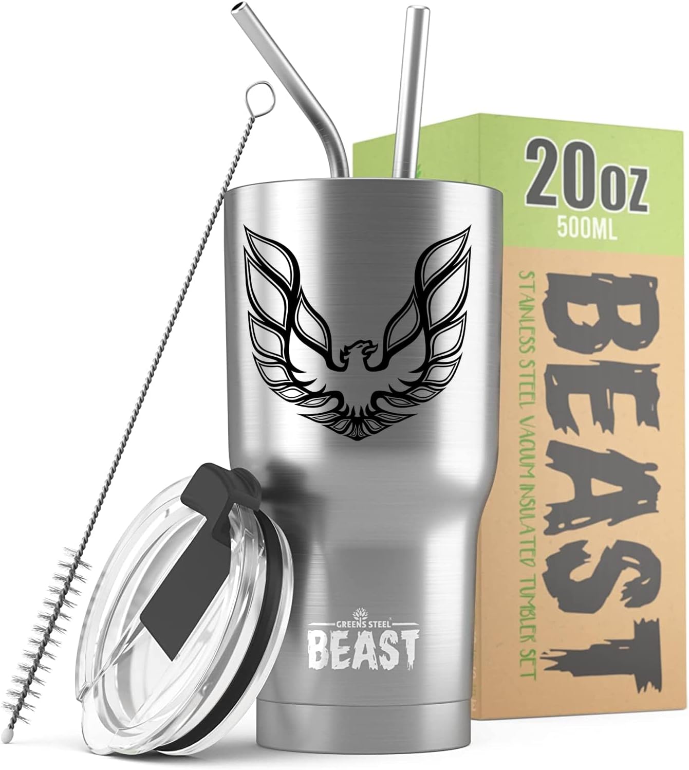 Trans Am Firebird Phoenix Bird Logo Beast 30 oz Stainless Steel Insulated Tumbler w/Lid, 2 Straws, Brush and Gift Box white