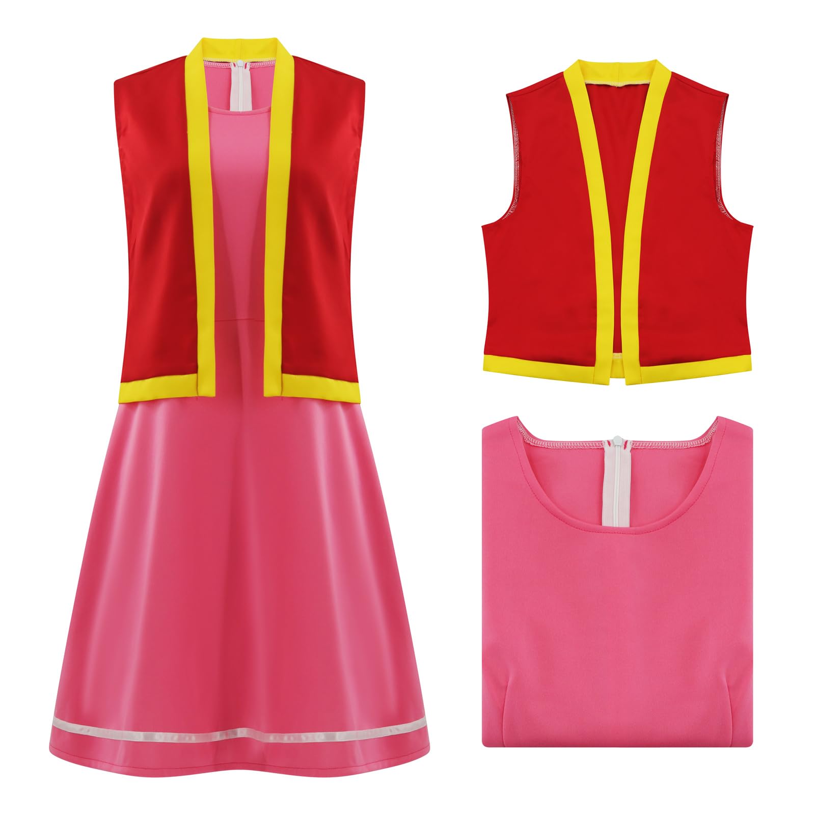 Toadette Costume Women Mushroom Cosplay Toadstool Pink Dress With Vest Halloween Outfit
