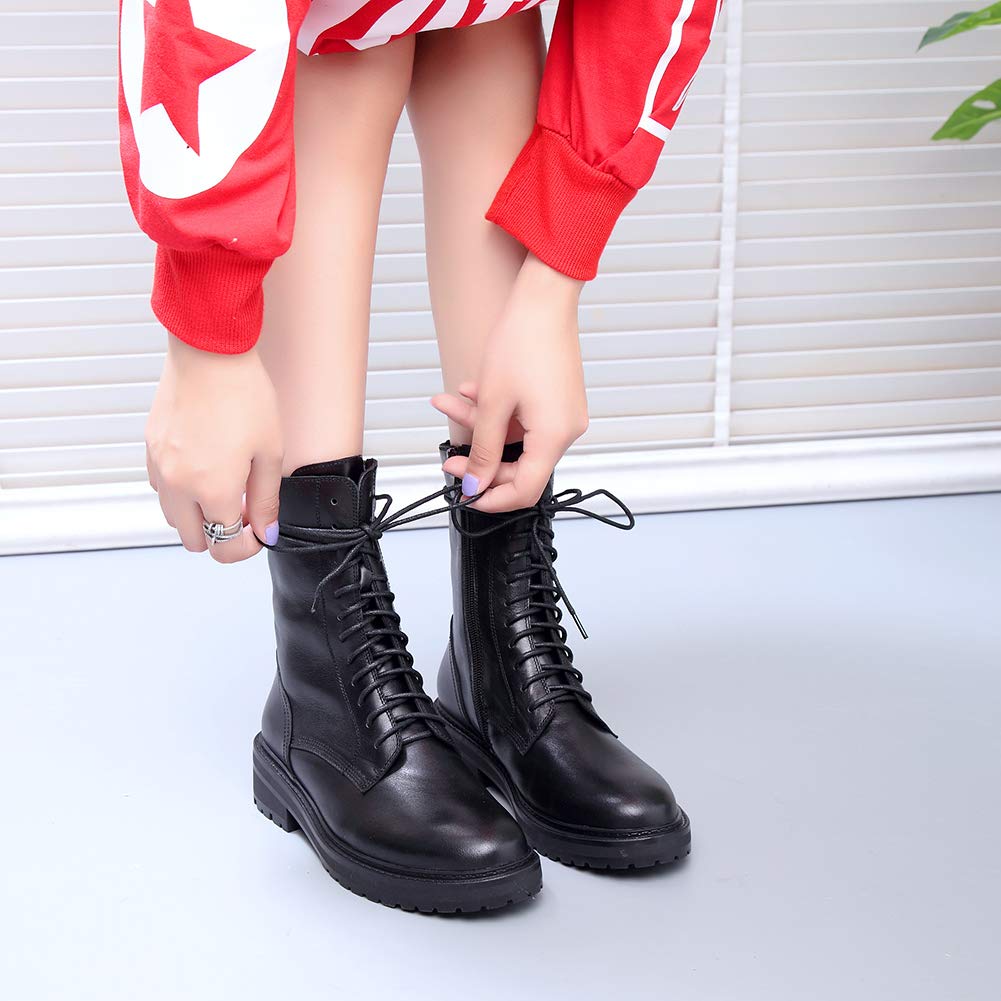 rismart Damen Biker Boots Mid-Calf Leder Stiefeletten mit Reißverschluss Schnürer Klassisch Stiefel