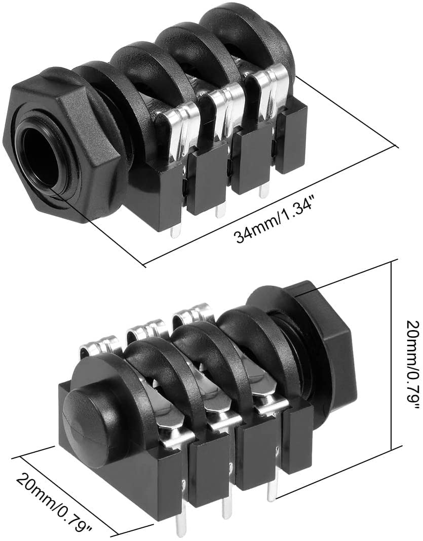 Connecteur Jack 6.35mm Stereo Horizontal, Avec &eacute;crou En Plastique Argent&eacute;. PCB