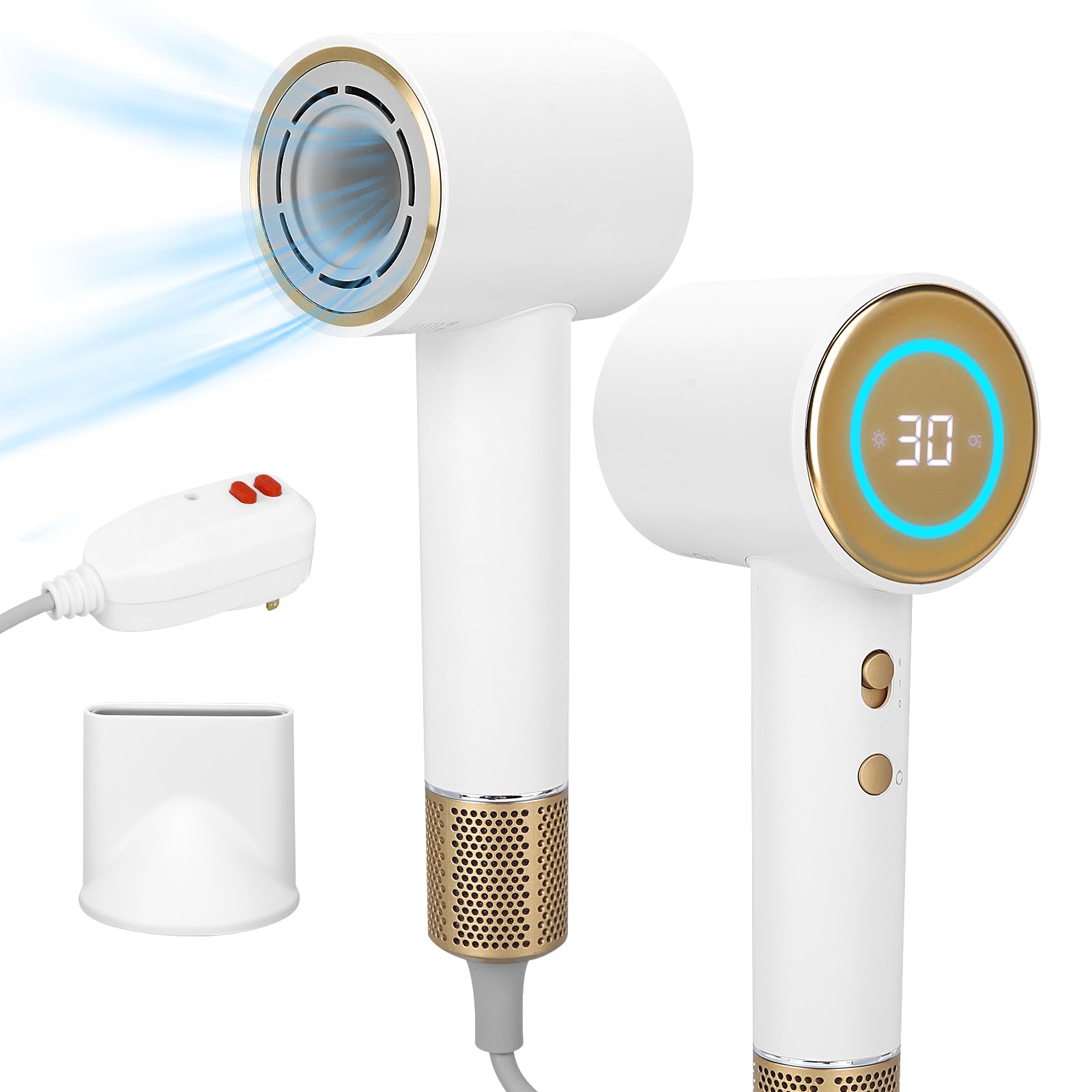 Hair Dryer,110000 RPM High-Speed Brushless Motor,GFCI Safety Plug--For high humidity,Negative Ionic Fast Drying, Low Noise,Thermo-Control Hair-Dryer-with-LED Display and Nozzle (White)