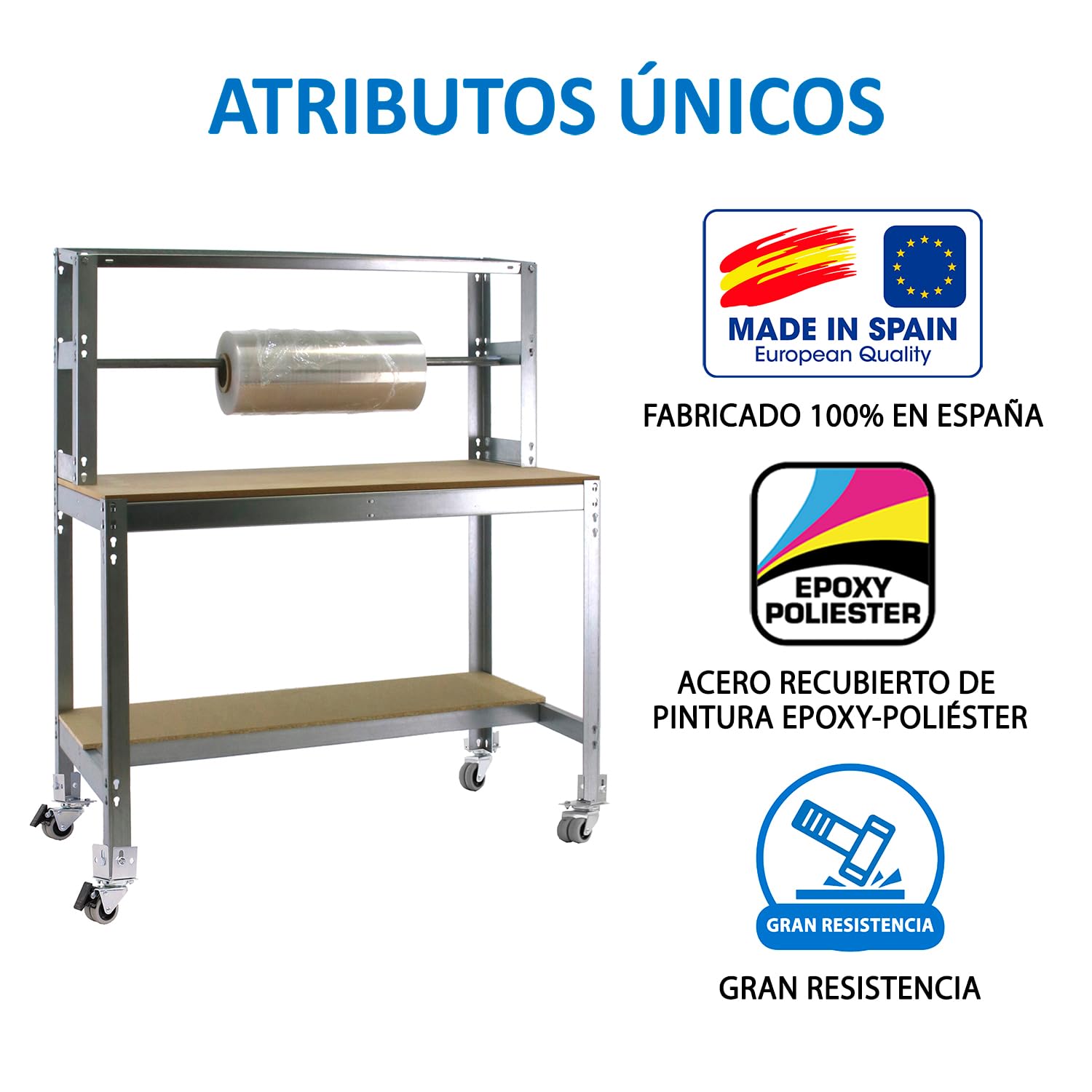 Simon Rack Banco de Trabajo con Porta Rollo y cajón 910x760 mm - BT4 | Tablero madera 16 mm, Capacidad Carga 400 kg, Galva , Pintura anticorrosión, Montaje sistema clic
