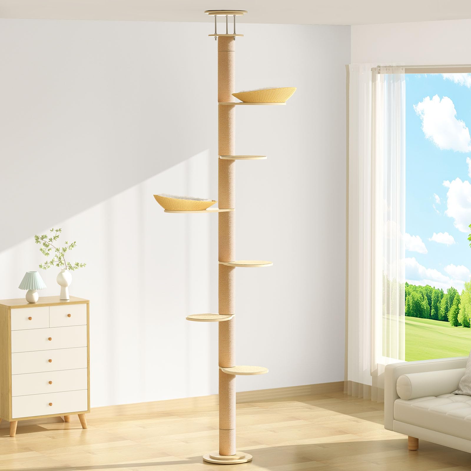 Tinnmao Solid Real Wood Floor to Ceiling Cat Tree, 7 Level Adjustable Height (105"-122"), Modern Climbing Tower with Thickened Wooden Sisal Scratching