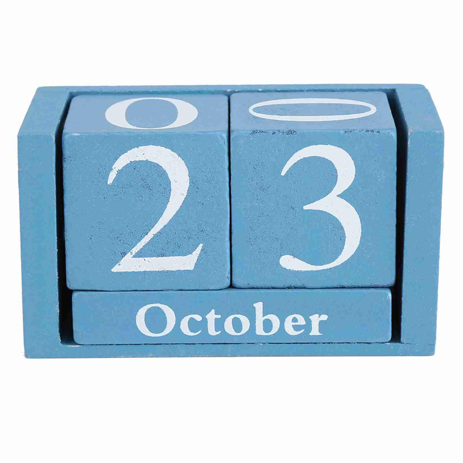 Wooden Calendar, Vintage Month Date Display Desktop Cube Rustic Chic Numbe Wood Block Calendar for Home Office Decoration (Blue)
