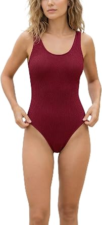 Womens Crinkle One Piece Swimsuit Surf Suit, Scoop Neck, Open Back, Medium High Leg Cut, Cheeky Coverage