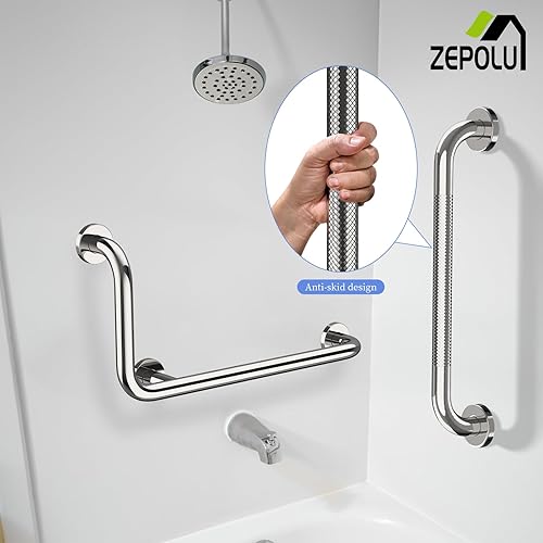 Miniatura 7 de Barra de sujeción en forma de L de cromo pulido de 12x24 pulgadas + pasamanos de ducha estriado de 20 pulgadas, barra de seguridad para inodoro de