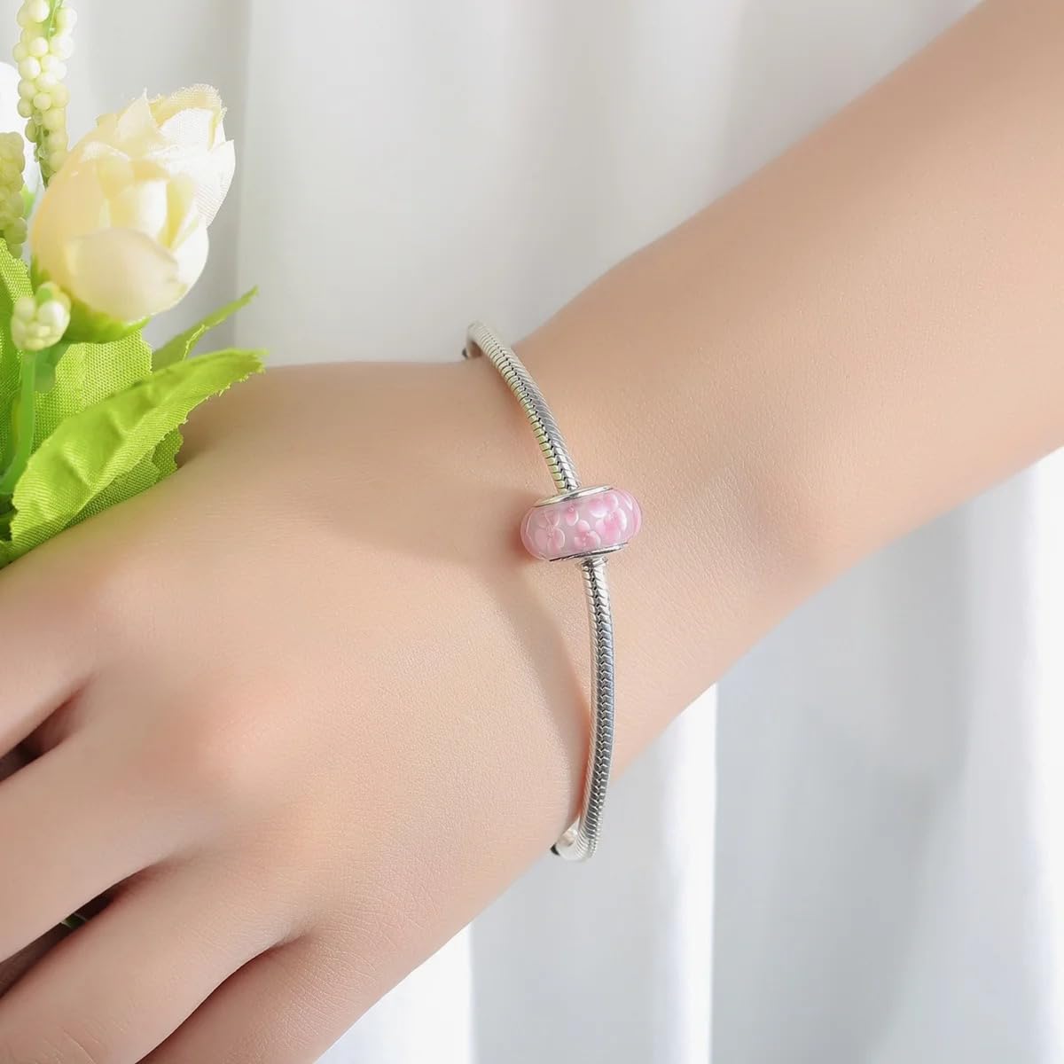FLXHHX Ciondolo Floreale in Vetro di con Fiore Rosa, Autentico Argento Sterling 925, Compatibile con Bracciale