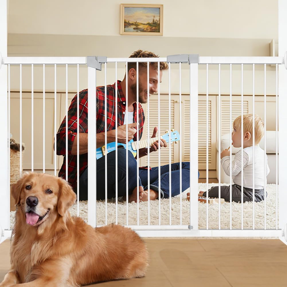 Extra Wide Dog Gate for Doorways Hallways 71.2"-76.7", 30 in Tall Baby Gates with Door No Drill, Auto Close Child Safety Gate for Pet Kid Doggie Cat Proof, Large Long Dog Barrier Indoor House, White