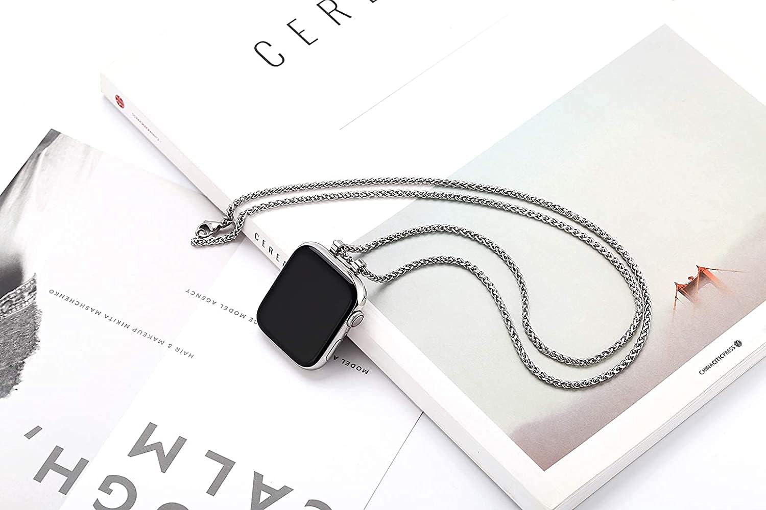 Necklace Adapter Pendant Compatible with Apple Watch, Infinity & Double Loop Connector Comes with 32inch Stainless Rollo Wheat Chain 3mm for iWatch Series 10/9/8/7/6/5/4/SE/Ultra 2/Ultra