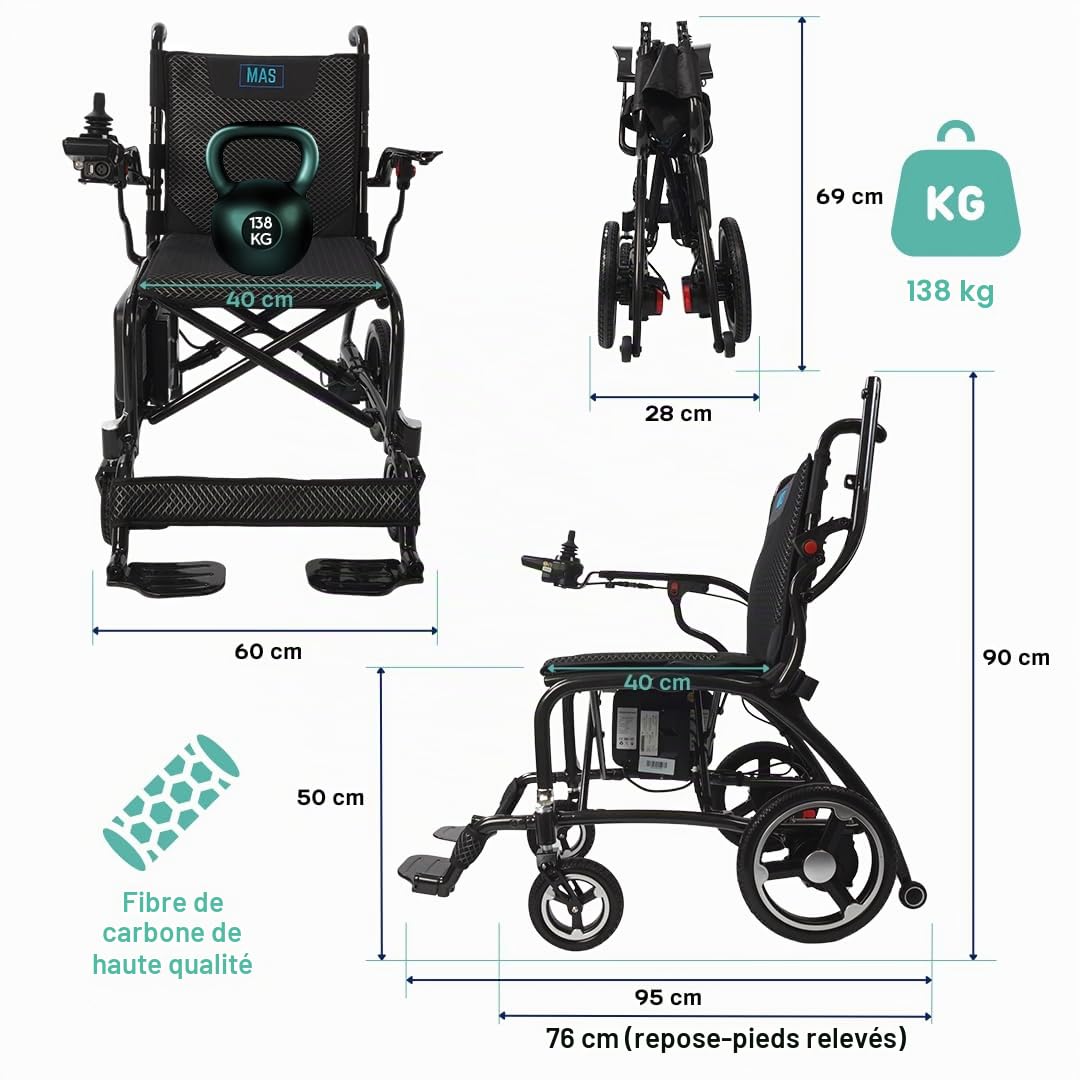 Fauteuil roulant électrique pliant ultraléger en fibre de carbone 10.8kg MAS Mobility Aid Social Marque espagnole Le fauteuil roulant électrique pliant ultraléger de qualité et avec garantie 100%