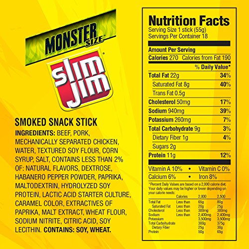 Slim Jim Monster Smoked Meat Stick, Habanero Flavor, 1.94 Oz. 18-Count (Pack of 6)