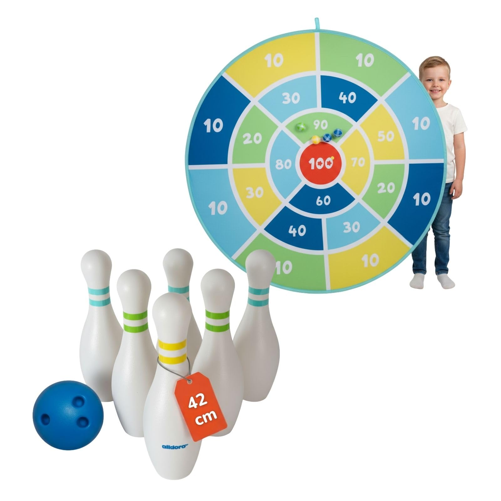 alldoro Bowling Set für Kinder, Gartenspiele, Kindergeburtstags-Spiele | XXL Partyspiele mit Wurfspielen, ideal als Geschenk für Kinder, Für Kinder ab 3 Jahren, Indoor & Outdoor