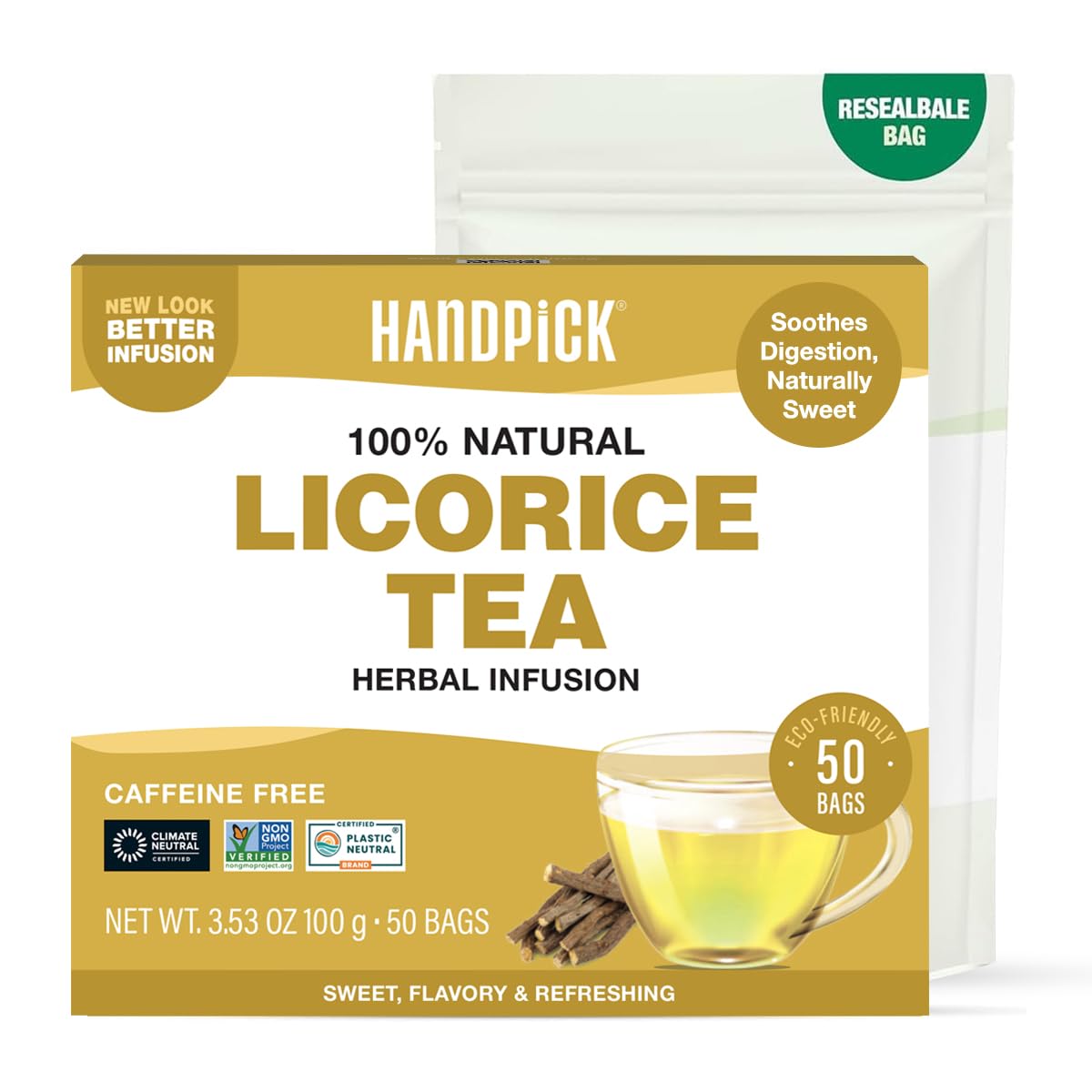 HANDPICK, Licorice Root Tea Bags (50 Count, 2g/bag) Licorice Tea | Non-GMO, Caffeine Free | Premium Quality Eco Conscious Round Bags