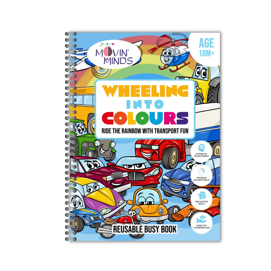 MOVIN' MINDS Mini Book | Educational Toy Velcro Reusable Activity Book | Ultimate Brain Booster | Fun Activities and Exercise for Kids & Children (Pack of 1) (Wheeling Into Colours), Multicolor