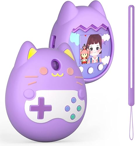 JIBIACB Silicone Case for Tamagotchi Pix Virtual Pet Game Machine,Silicone Cover with Finger Lanyard for Virtual Pet Toy,Gift for Kids (1,Purple)