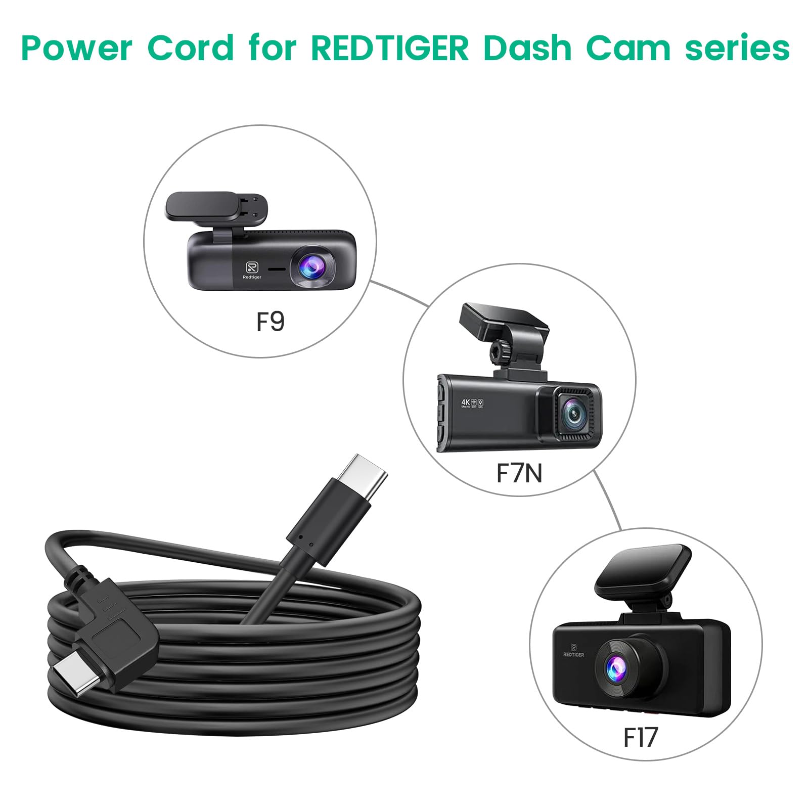 3,5 m langes Netzkabel für Redtiger Dashcam, USB-C-auf-USBC-Kabel für Red Tiger | Stromversorgung der Auto-Armaturenbrett-Kamera