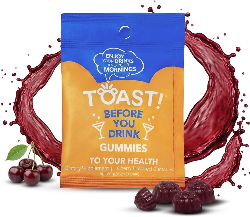 Toast! Before You Drink Gummies - Alcohol & Liver Support Supplement for Drinking & Better Morning - Recovery, Relief & Detox - L-Cysteine, Milk Thistle, Ginseng, Vitamins - Cherry Flavor - 10 Packs