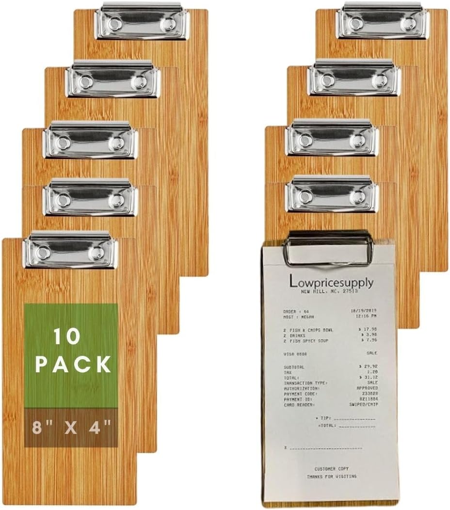 (10-Pack) Premium 8" x 4" Beige Natural Wood Menu Holders/Check Presenters with Clip for Cafes, Wooden Clip Board, Waitress Check Organizer, Server Note Pads, Guest Checks Restaurant