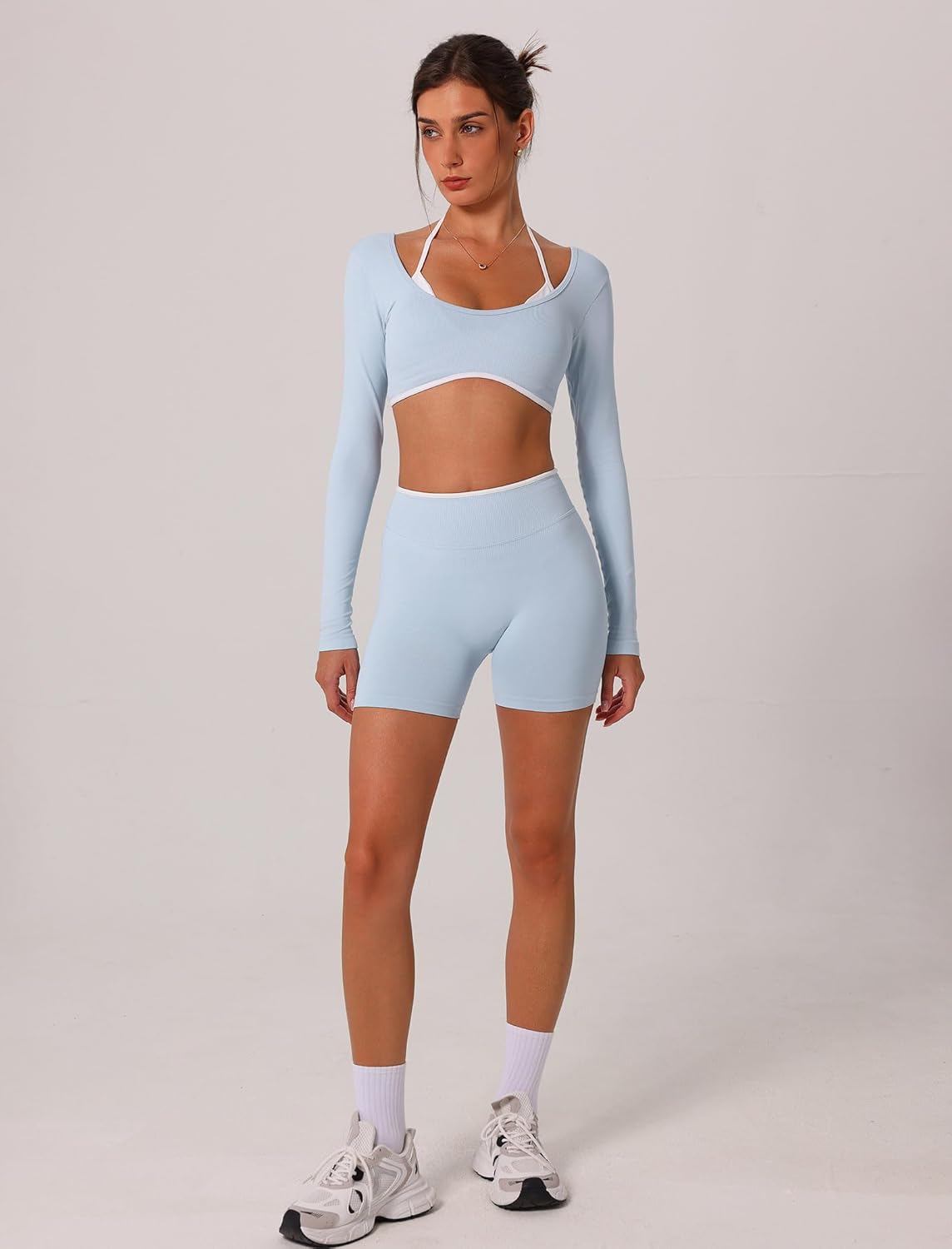 ABOCIW Workout Sets for Women 2 Piece Seamless Color Block Long Sleeve Crop Top Scrunch Butt High Waist Shorts Gym Set - Image 5