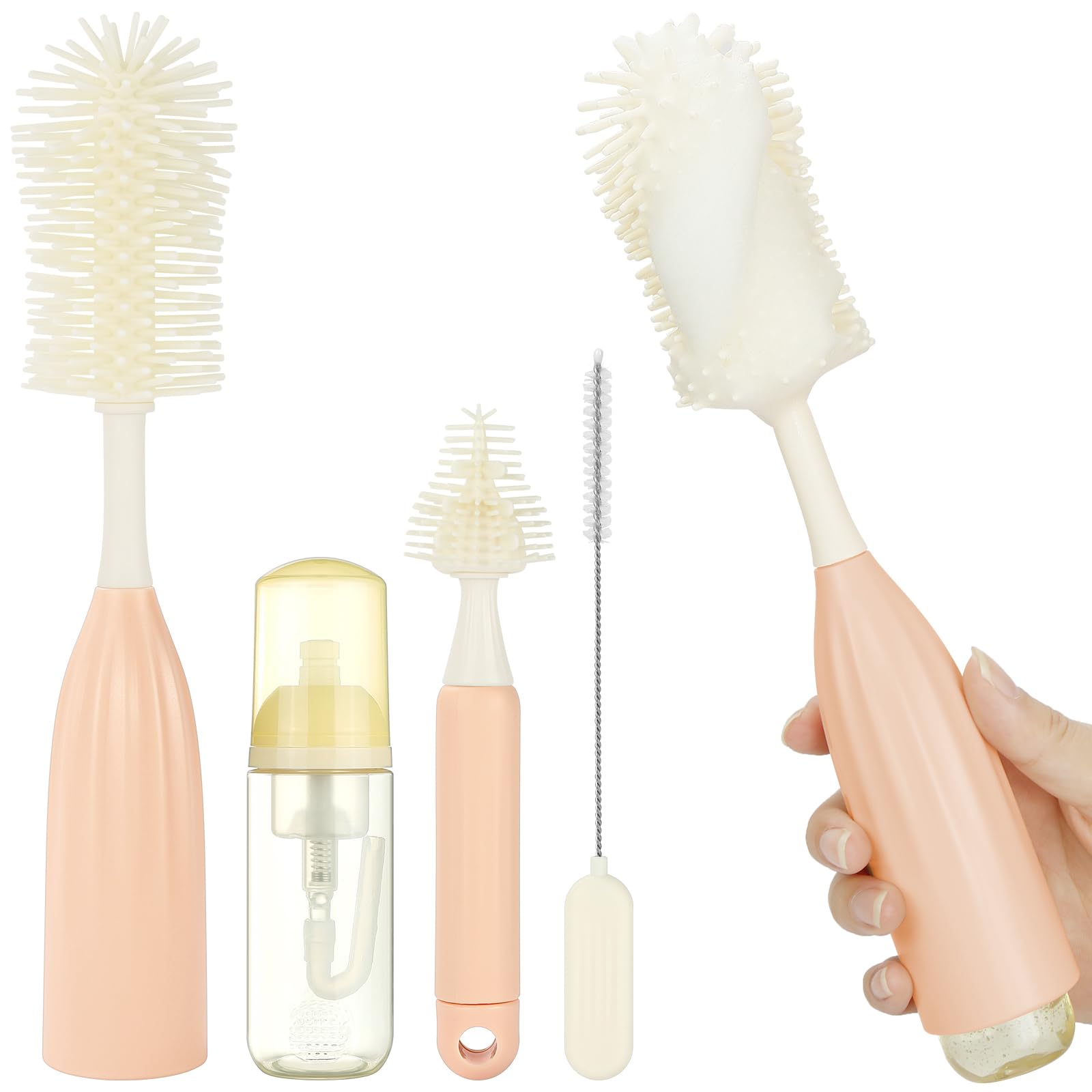 Vicloon Baby Flaschenbürste Set mit Druck-Schaumtechnologie, Komplettes Flaschenreinigungsset mit Silikonbürste, Nippelbürste, Strohbürste und Seifenspender, BPA-frei (Rosa)