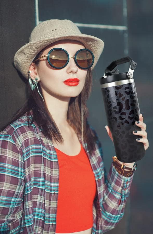 30oz Black Leopard Tumbler with Handle and Straw, Stainless Steel Vacuum Insulated Coffee Tumbler, Travel Mug Water Bottle, Leopard Stuff Accessories Decor Gifts for Women - Image 2